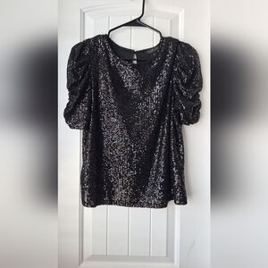 Black Sequin Puff Sleeve Top